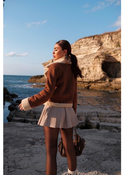 Peluş Kaplama Süet Crop Kaban