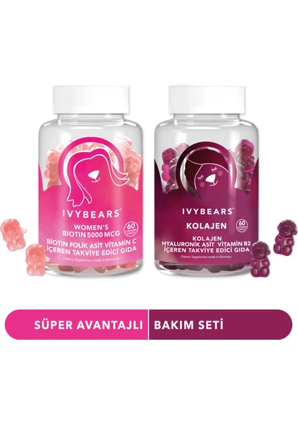 2´li Biotin Saç, Tırnak & Kolajen, Hyaluronik Asit Çiğnenebilir Vitamin Gummy Set, 120 Adet, 60 Günlük