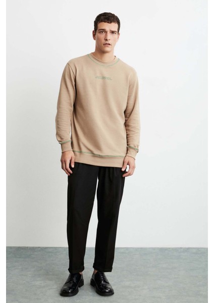 Albert Erkek Yuvarlak Yakalı Polarsız Baskılı ve Kontrast Dikişli Bej Sweatshirt modelleri