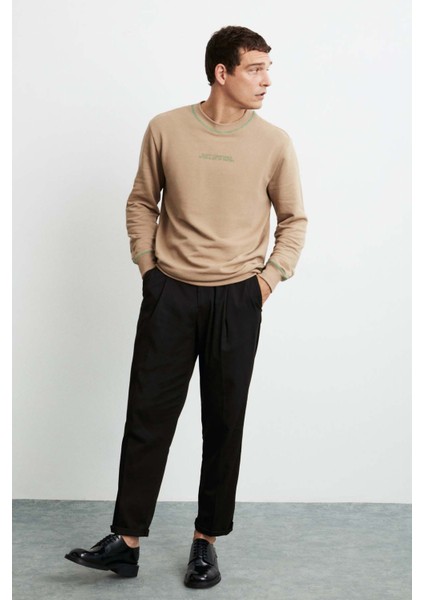 Albert Erkek Yuvarlak Yakalı Polarsız Baskılı ve Kontrast Dikişli Bej Sweatshirt fırsatları
