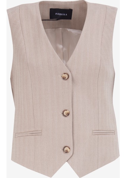 Bej Kadın V Yaka Basic Fit Yelek F4WL-YLK0229