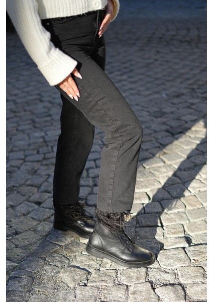 Kadın Hakiki Deri Postal Bot Bağcıklı Fermuarlı Kafle Siyah fiyatları