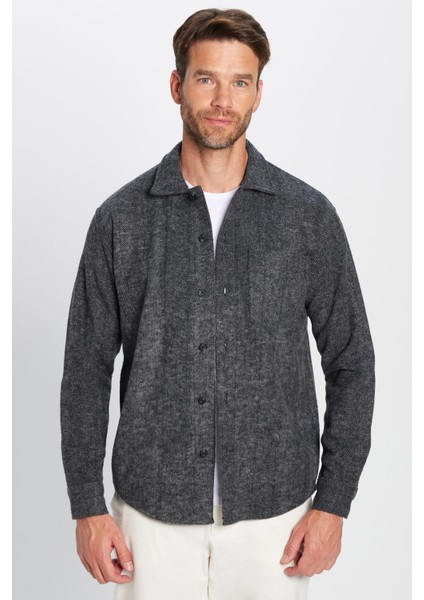 Erkek Relax Fit Rahat Kesim Oduncu Apaş Yaka Tek Cep Kapaklı Armürlü Antrasit Renk Kışlık Gömlek fiyatları