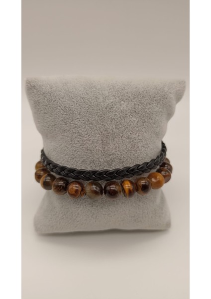 ERKEK BİLEKLİĞİ DERİ + KAHVERENGİ KAPLAN GÖZÜ 2Lİ