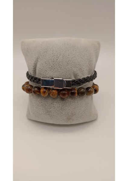 ERKEK BİLEKLİĞİ DERİ + KAHVERENGİ KAPLAN GÖZÜ 2Lİ fiyatları