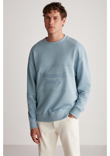 Drago Erkek Oversize Fit Parçalı Önü Nakışlı Yuvarlak Yaka Mavi Sweatshirt