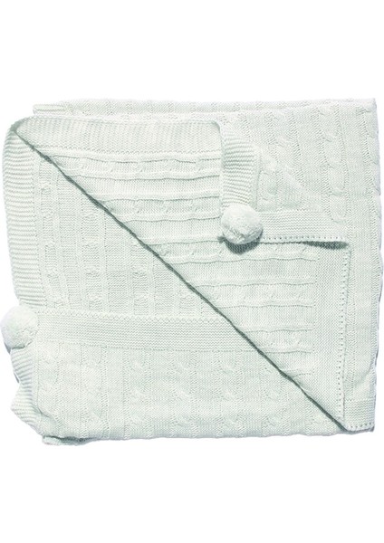 Unisex Bebek Gri Örgü Desenli Ponponlu Triko Battaniye 80X90