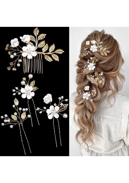 Adet Gelin Çiçek Düğün Saç Klipleri, Saç Klipleri Headdresses Altın Düğün Saç Aksesuarları Nedime Kadın Kızlar (Yurt Dışından)