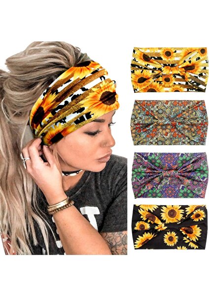 Happy Supermarket Kadın Geniş Kafa Bandı Siyah Moda Başörtüsü Bohem Kalın Hairband Büyük Spor Yoga Başörtüsü Kafa Bandı Saç Aksesuarları (4'lü Paket) (Yurt Dışından)