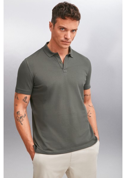 Foret Erkek %100 Pamuk Kısa Kol Regular Fit Haki Polo Yaka T-Shirt