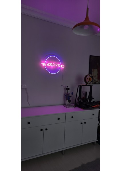 The World Is Yours Neon LED Dekorasyon Aydınlatma Uzaktan Kumandalı Pembe ve Mor Renk Pleksi