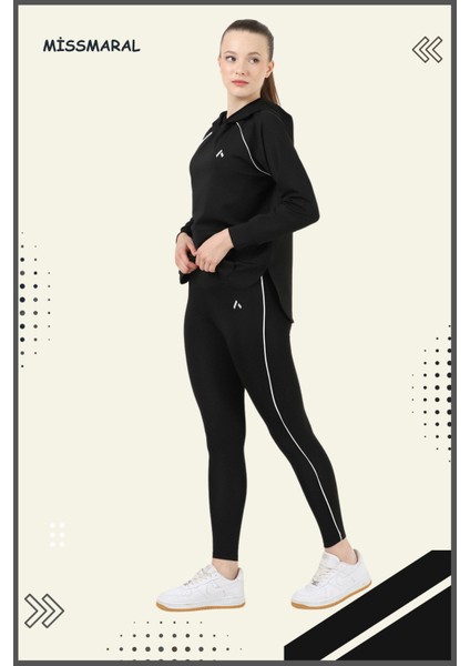 Kadın Eşofman Takım Siyah/beyaz Spor Tunik & Toparlayıcı Tayt Dalgıç Kumaş Sports And Casual 13060