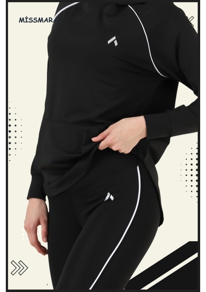 Kadın Eşofman Takım Siyah/beyaz Spor Tunik & Toparlayıcı Tayt Dalgıç Kumaş Sports And Casual 13060 fırsatları