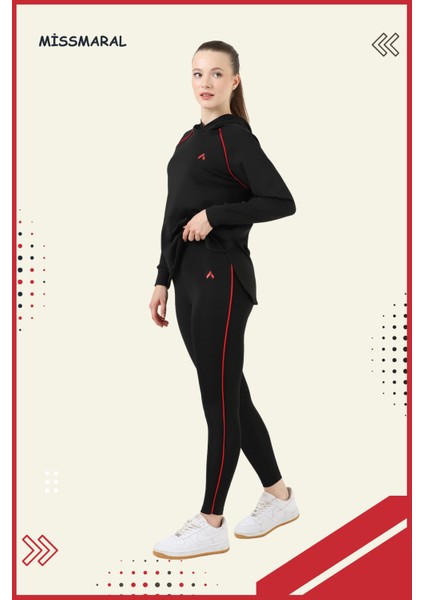 Kadın Eşofman Takım Siyah/kırmızı Spor Tunik & Toparlayıcı Tayt Dalgıç Kumaş Sports And Casual 13060
