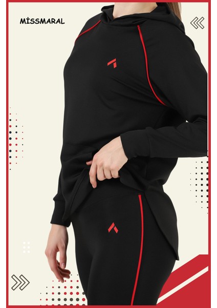 Kadın Eşofman Takım Siyah/kırmızı Spor Tunik & Toparlayıcı Tayt Dalgıç Kumaş Sports And Casual 13060 modelleri