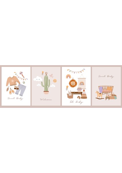 4'lü Pastel Renkler Bebek Duvar Poster Ahşap Tablo (4 Adet 20X30 Cm)