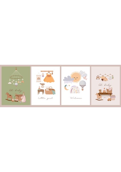 4'lü Pastel Renkler Bebek Duvar Poster Ahşap Tablo (4 Adet 20X30 Cm)