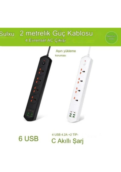 Bkl-17 Akım Korumalı 3000W Kapasiteli 10 Girişli 4 USB 2 Typ-C 4 Priz Girişli 2 Metre Kablo Uzunluklu Uzatma Grup Priz