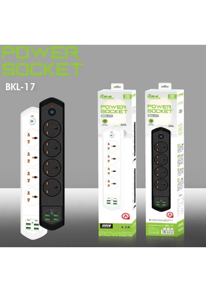 Bkl-17 Akım Korumalı 3000W Kapasiteli 10 Girişli 4 USB 2 Typ-C 4 Priz Girişli 2 Metre Kablo Uzunluklu Uzatma Grup Priz