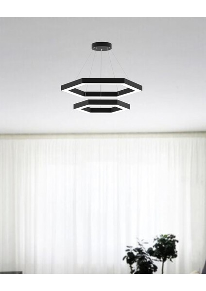 Hexagon Piramit ( Siyah Kasa, Beyaz Işık ) Ledli Modern Sarkıt LED Avize