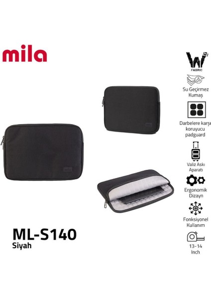 Classone ML-S140 13, 14 Inch Mila Serisi ,macbook ,mac Air, Laptop Kılıfı, Wtxpro su Geçirmez Kumaş- Siyah