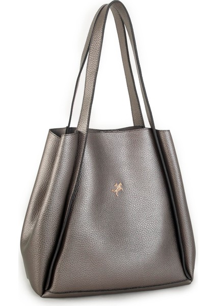 Kadın Büyük Boy Büzmeli Yavrulu Çıtçıtlı Tote Bag Omuz Çantası Gri