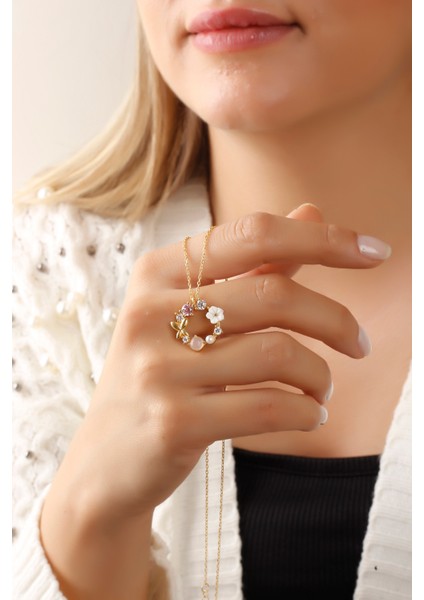 925 Ayar Gold Kaplamalı Zirkon Taşlı,manolya Çiçeği Tasarımı Gümüş Kolye