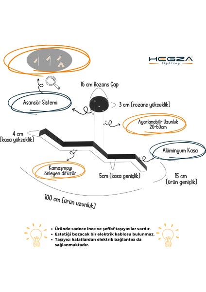 Sega (Gri Kasa, Sarı Işık) Ledli Modern Sarkıt Linear LED Avize Salon Mutfak Oturma Odası Yatak Odası Antre Hol LED
