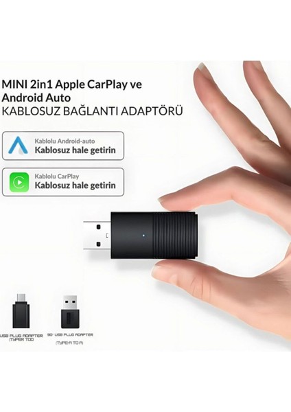Mini 2in1 Android ve Apple Cihazlar Için Wireless/kablosuz Android Auto ve Carplay Adaptörü