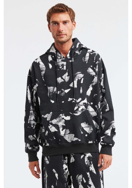 Floyd Erkek Batik Yıkama Görünümlü Kapüşonlu Siyah Sweatshirt
