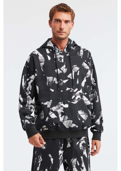 Floyd Erkek Batik Yıkama Görünümlü Kapüşonlu Siyah Sweatshirt