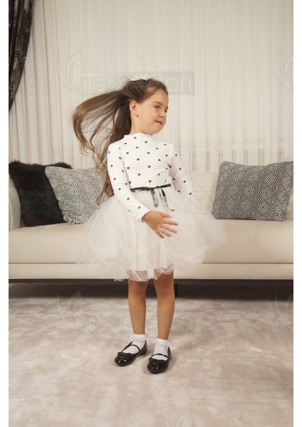 Kız Bebek-Çocuk Uzun Kollu Doğum Günü ve Özel Günler Için Kalpli Tüllü Astarlı Pamuklu Elbise fırsatları