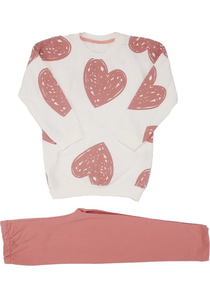 Kız Çocuk Ekru Gül Kurusu Kalp Baskılı 2'li Takım