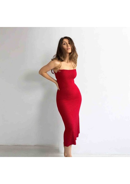 Likralı Simli Kırmızı Elbise