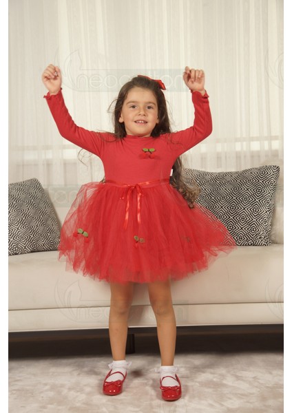 Tüllü Astarlı Pamuklu Esnek Kirazlı Kız Bebek Çoçuk Elbise fiyatları