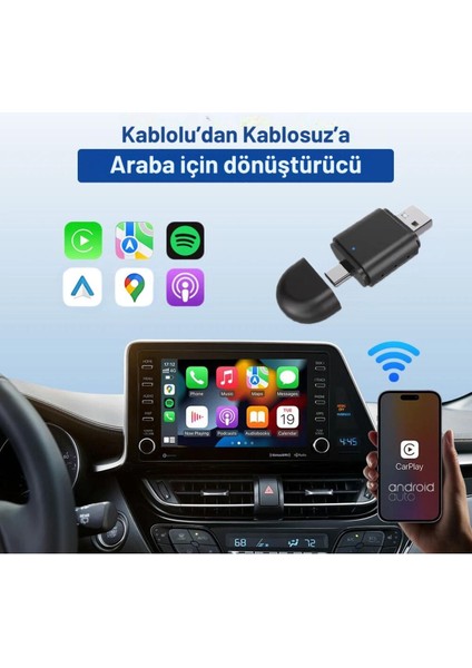 Araç Içi 2in1 Android ve Apple Cihazlar Için Kablosuz Android Auto ve Carplay Adaptörü