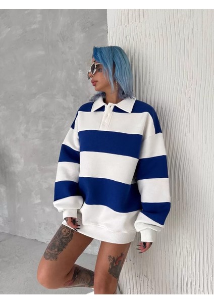 Unisex Üç Iplik Parçalı Yakalı Sweatshirt - Mavi