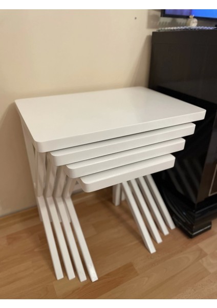 Ahşap Parlak Lake 4'lü Zigon Sehpa Natural Ağaç Büyük Boy Beyaz