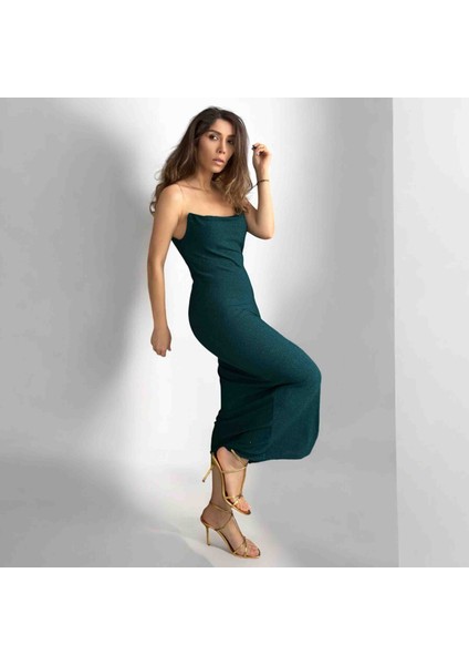 Likralı Simli Yeşil Elbise