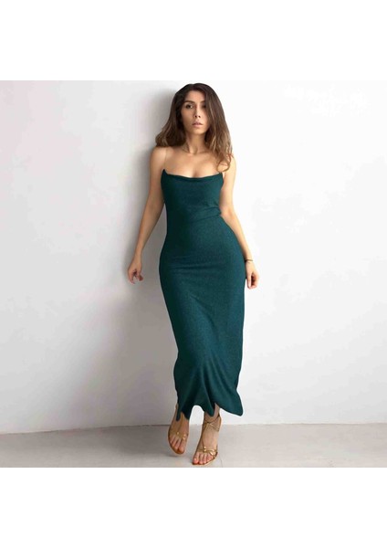 Likralı Simli Yeşil Elbise