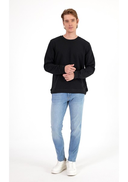 Erkek Rich Siyah Melanj Bisiklet Yaka Regular Fit 3 Iplik Sweatshirt
