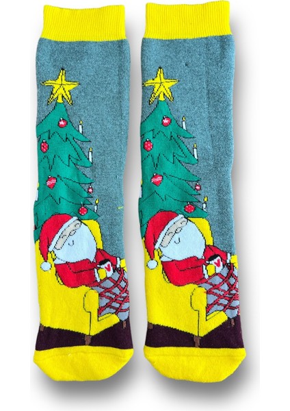 Tekli Gri Renkli Bay/bayan Unisex Esnek Nem Alabilen Pamuklu Christmas Desenli Havlu Çorap