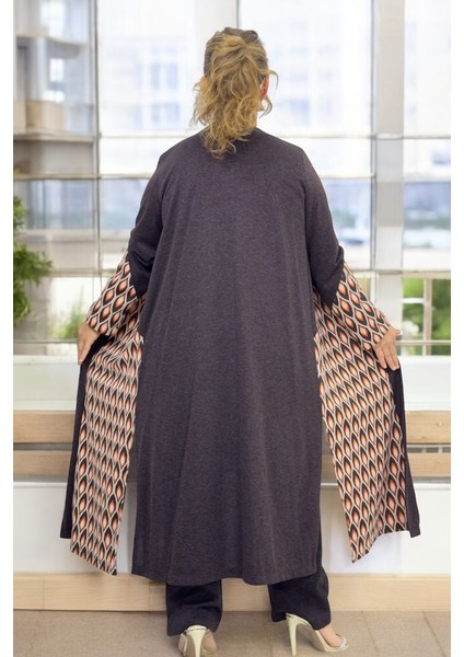 Çift Taraf Yırtmaçlı Kap Ceket Bisiklet Yaka Tunik Beli Lastikli Pantolon Büyük Beden 3 Lü Takım