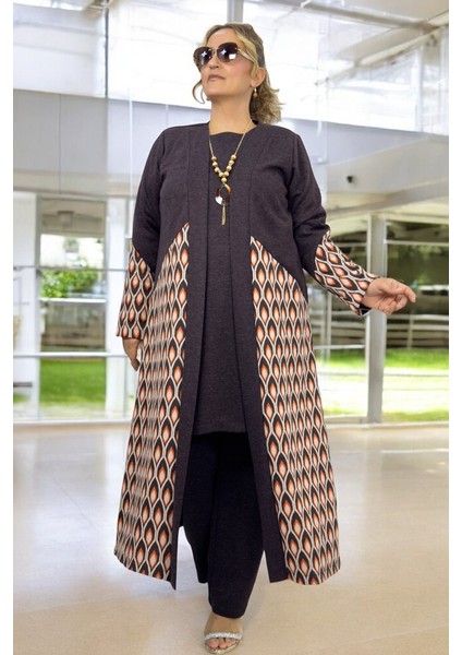 Çift Taraf Yırtmaçlı Kap Ceket Bisiklet Yaka Tunik Beli Lastikli Pantolon Büyük Beden 3 Lü Takım