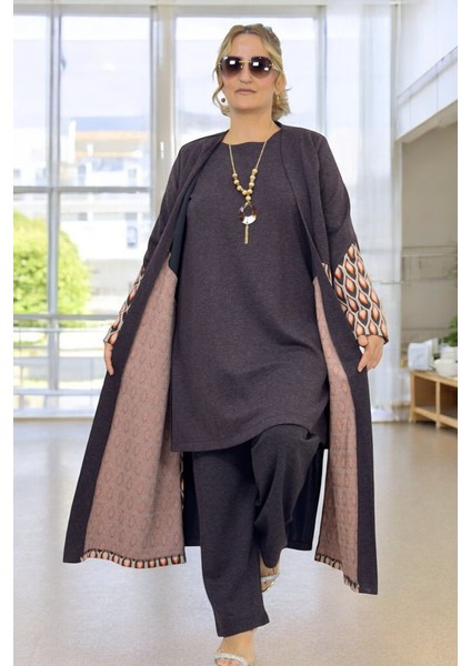 Çift Taraf Yırtmaçlı Kap Ceket Bisiklet Yaka Tunik Beli Lastikli Pantolon Büyük Beden 3 Lü Takım fiyatları