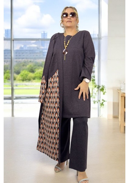 Çift Taraf Yırtmaçlı Kap Ceket Bisiklet Yaka Tunik Beli Lastikli Pantolon Büyük Beden 3 Lü Takım indirimleri