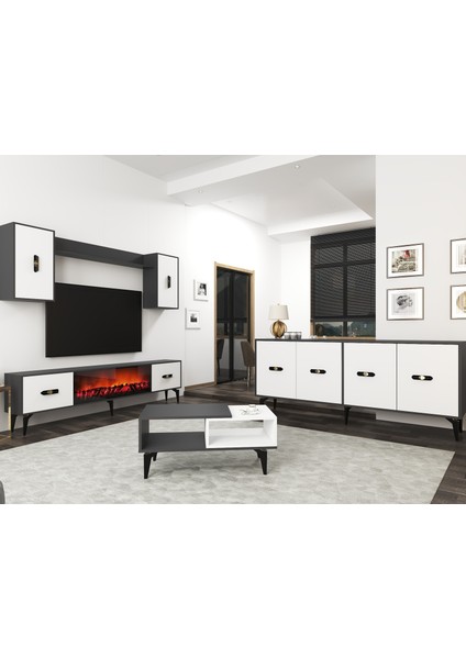 Fly 180 cm Şömineli(B) Tv Ünitesi, KONSOL(KX180) ve Orta Sehpa Salon Takımı Antrasit-Beyaz