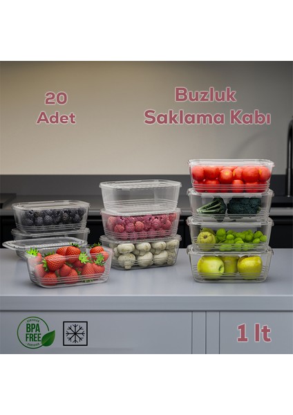 1072 20'li Buzdolabı Buzluk Düzenleyici Saklama Kabı Kendinden Kapaklı Derin Dondurucu Saklama Kabı 1 Lt Şeffaf modelleri