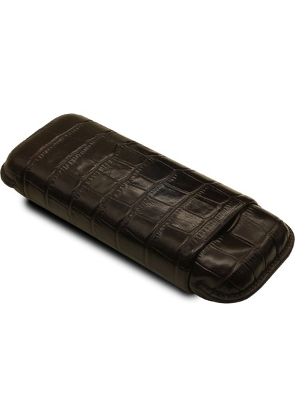 Gerçek Deri El Yapımı Puro Kılıfı Ikili (60 Ring) Croco Tabaco