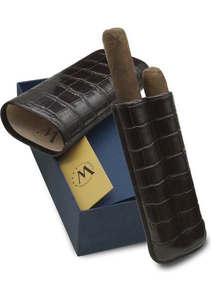 Gerçek Deri El Yapımı Puro Kılıfı Ikili (60 Ring) Croco Tabaco modelleri